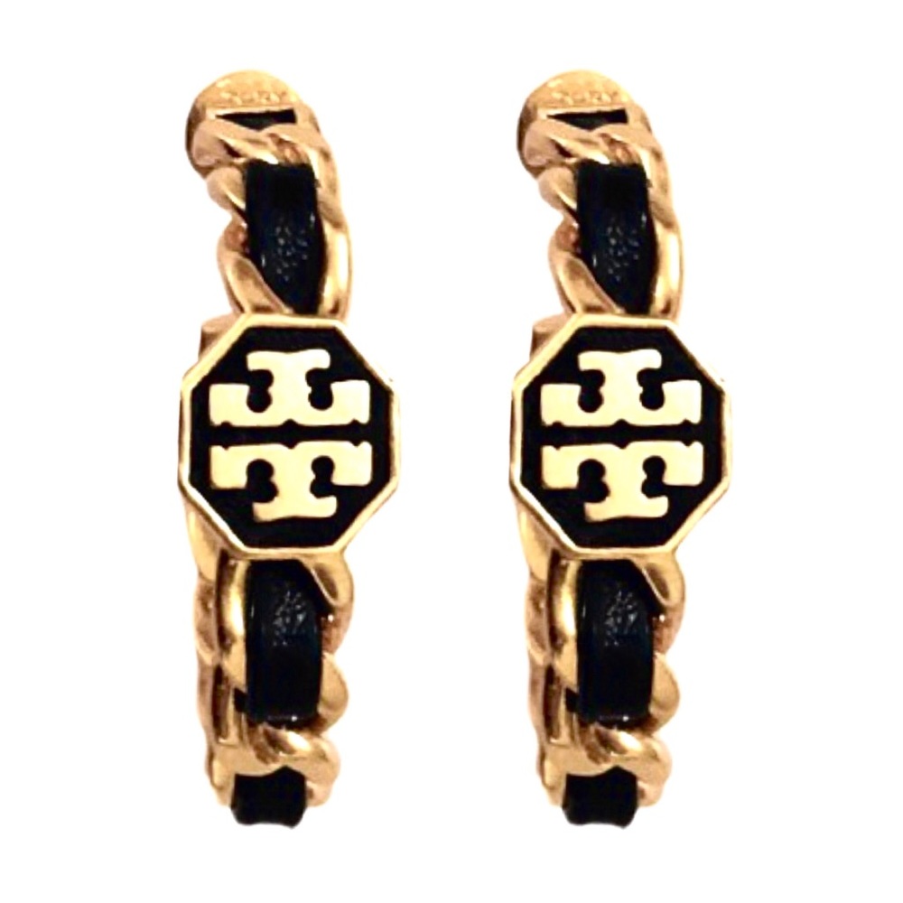 TORY BURCH • Black Marion Woven Hoop Earrings - Picture 5 of 7